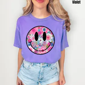 Whimsical Floral Happy Face Comfort Colors T-Shirt 'NB'