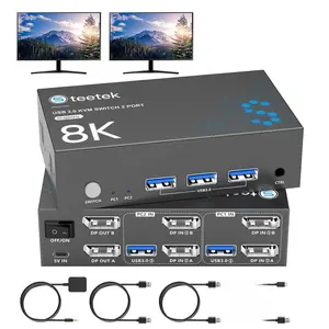 8K@60Hz KVM Switch 2 Monitors 2 Computers, USB3.0 DisplayPort KVM Switches, 4K@120Hz Dual Monitor for 1 Set of Keyboard Mouse Printer and U Disk with EDID Adaptive 2 USB Cables