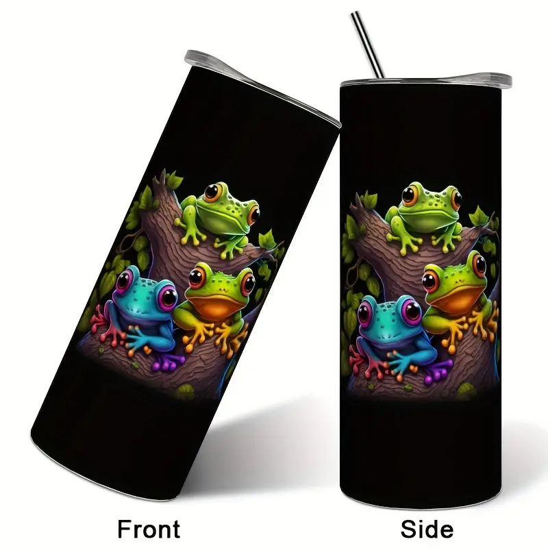 20oz Vertical Tree Frog Tumbler With Lid & Straw, Insulated Cold Drink Cup With Fun Frog Print, Car Coffee Mug, Perfect Gift for Frog Lovers