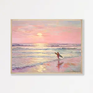 Pink Surfing Poster| Pastel Girly Apartment Decor | Muted Pastel Seascape Wall Print