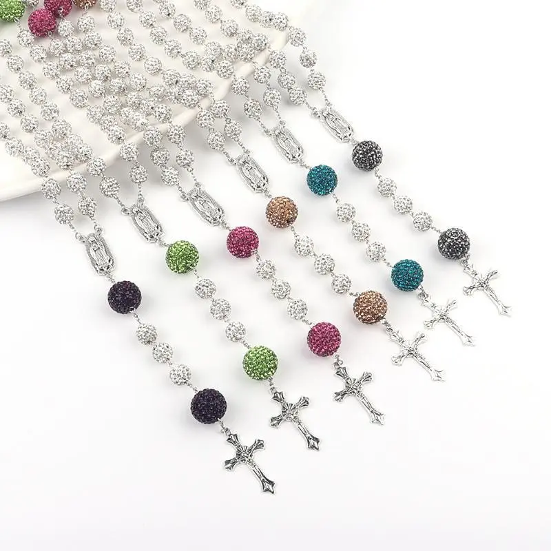 Long rosary cross necklace Sweater necklace Diamond gradient ball chain Men's and women's accessories Crystal cross pendant Long rosary cross necklace Sweater necklace Diamond gradient ball chain Men's and women's accessories Crystal cross pendant