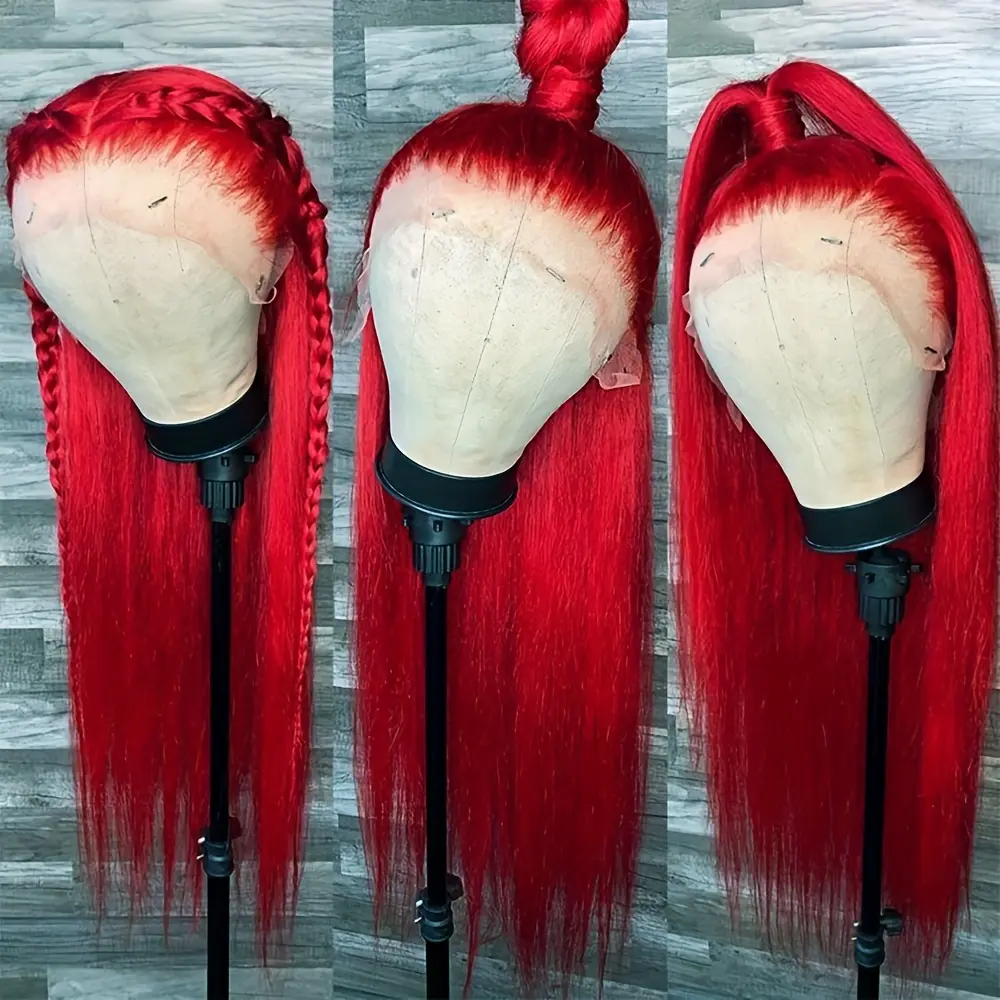 Women's 26-Inch Straight Shiny Red Synthetic Lace Front Wig - Pre-Plucked Hairline, Heat Resistant Fiber, Silky Smooth, for Cosplays, Parties, Fae Cosplay Wig Accessories