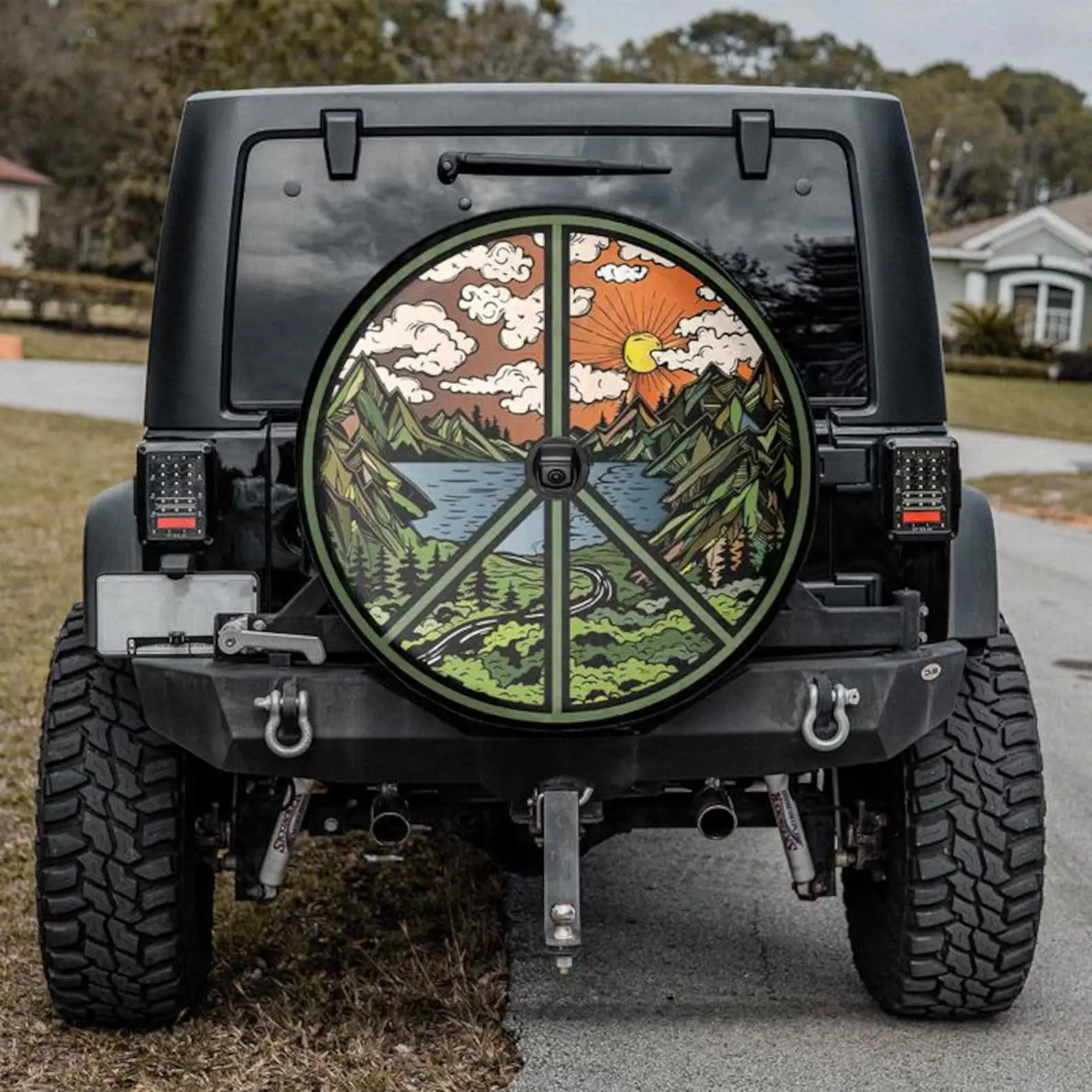 Peace Sign Mountain View Spare Tire Cover, Hippie Floral Car Accessory