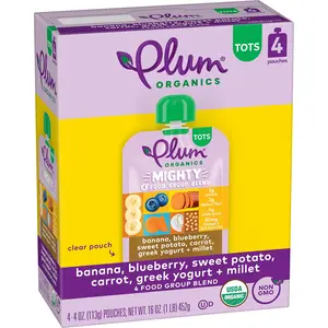 4 Organic Food - Banana, Blueberry, Sweet Potato, Carrot, Greek Yogurt, and Millet - 4 oz Pouch (Pack of 4) - Organic Fruit and Vegetable Toddler Food Pouch