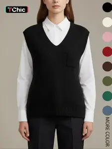 Women's Plain V Neck Knit Sweater Vest, Casual Fitted Sleeveless Knitwear Top for Daily Wear, Ladies Clothes for Fall & Winter, Womenswear