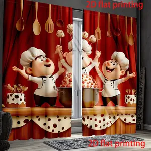 2-piece set of classic chef pattern polyester curtains, kitchen and farmhouse decoration, semi transparent polyester fabric, printed with three fat chef style patterns, home decoration curtains, Sheer Printed Curtains