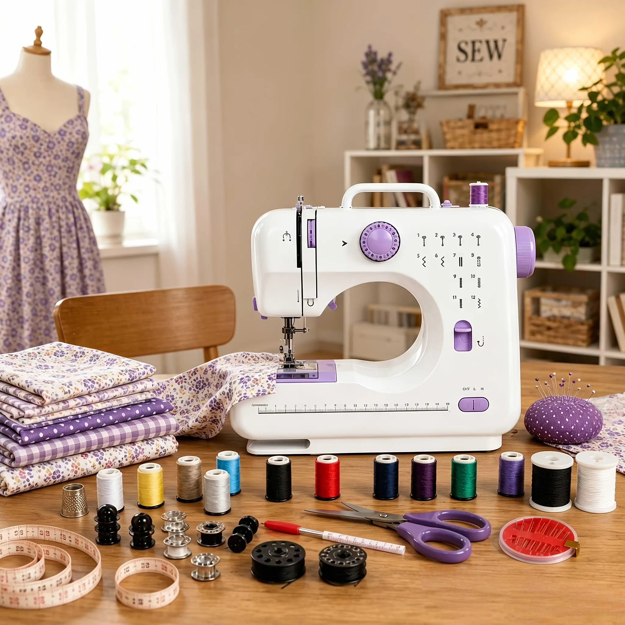 Portable Sewing Machine for Beginners 12 Stitches LED Light Double Speed Foot Pedal Mini Electric Sewing Machine with 12 Colors Thread Set Household DIY Handheld Sewing Tool