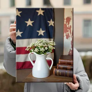 1 unique canvas painting, solid wood frame, rustic American flag decor with white vase and old books, perfect for home decor, living room or bedroom decor, holiday decor, waterproof, ready to hang wall decor