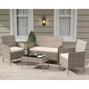 Gaomon 4-Piece Patio Furniture Set, Rattan Outdoor Furniture with Upholstered Sofa, 2 Chairs & Coffee Table, Modern Conversation Bistro Set for Garden Backyard Porch (Grey and Beige)