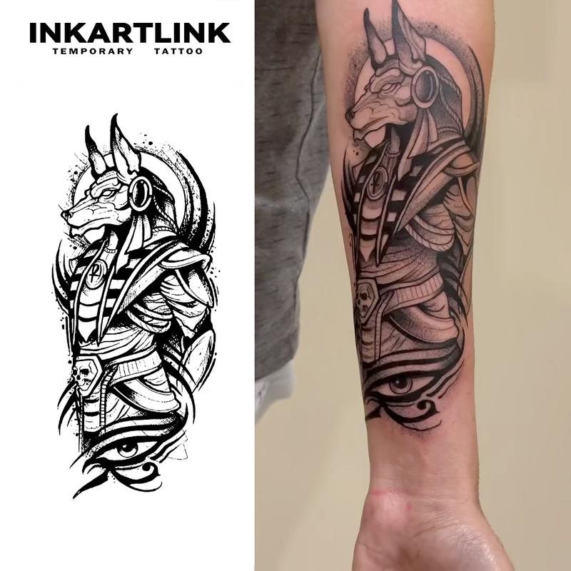 INKARTLINK Tattoo Tech, Anubis' Oath Series,2 Sheets Large Semi Permanent Tattoo, Adult Art Design Temporary Tattoos, Lasts 1-2 Weeks, Waterproof, Realistic Look, No Adhesive, No Reflection (Anubis Design)