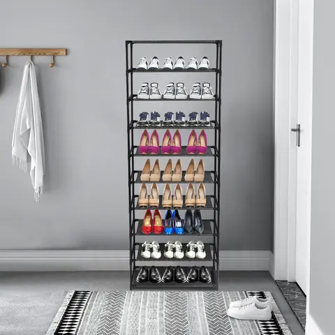 Durable Metal 10-Tier Stackable Vertical Shoe Rack with Stainless Steel Frame & Built-in Handle, 24.5x12x60in Shoe Rack for Closet/Dormitory, Easy to Install and Clean 50-Pair Footwear Storage Solution