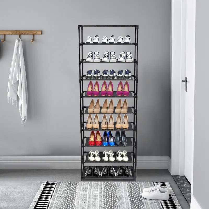 Durable Metal 10-Tier Stackable Vertical Shoe Rack with Stainless Steel Frame & Built-in Handle, 24.5x12x60in Shoe Rack for Closet/Dormitory, Easy to Install and Clean 50-Pair Footwear Storage Solution