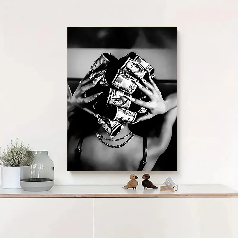 Artistic Black and White Canvas Print Wall Decor - Black Woman with Money Element, Girl-Themed Art for Kitchen, Room & Office Home Decor Posters & Prints