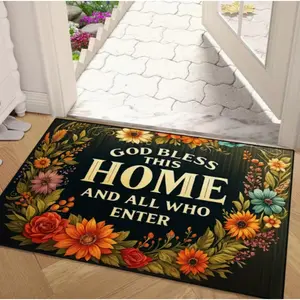 God Bless This Home. Welcome Doormat, Floral Entrance Mat with The Word God Bless This Home Black and Gold Indoor and Outdoor Mats for Spring Home Decoration