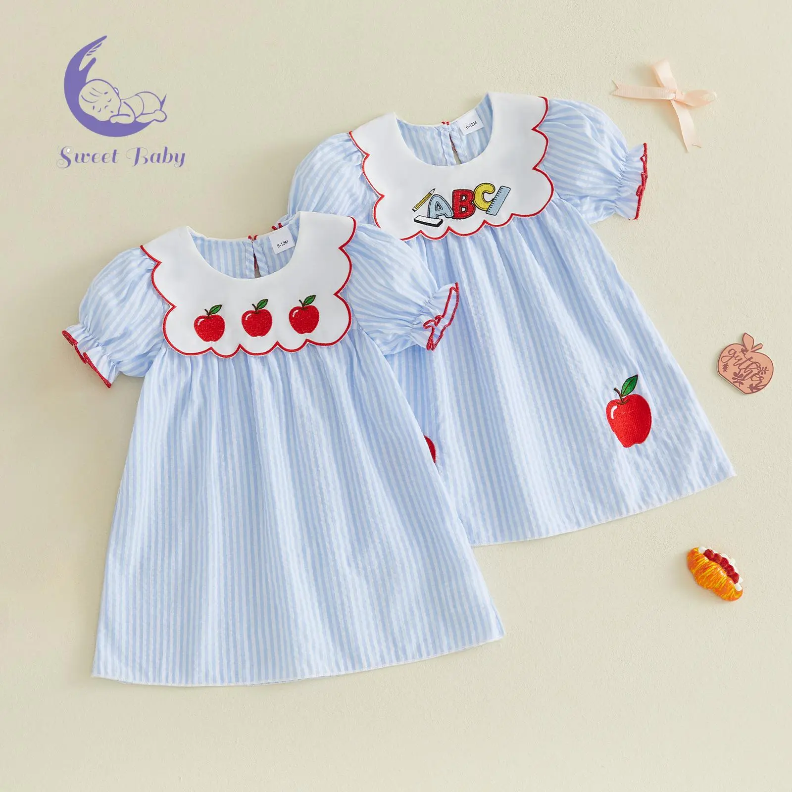Little Girls Back to School Dress Summer Short Sleeve Apple Embroidered A-line Striped Dress