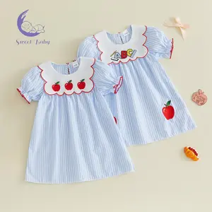 Little Girls Back to School Dress Summer Short Sleeve Apple Embroidered A-line Striped Dress