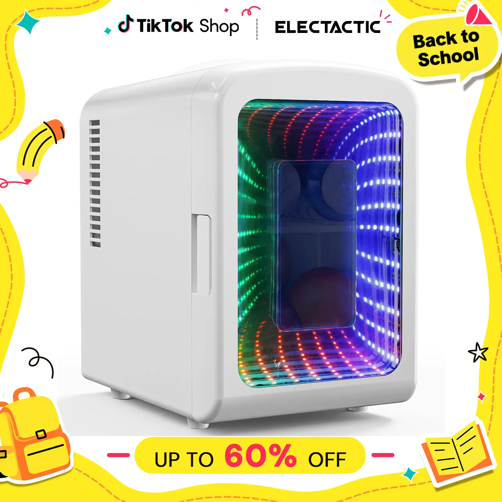 Electactic 4L Energy-Saving Portable Mini Compact Refrigerator with Gaming Light, Travel Food Storage Fridge for Bedroom, Boating, Car, Small Cooler for Cosmetics, Beverages, Food, White