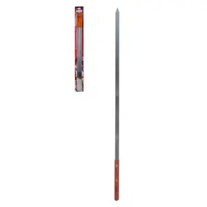 Alpine Cuisine Stainless Steel Barbecue Skewers 3pc Set with Comfortable Grip Nonslip Wooden Handle - Flat Skewer Heavy Duty Reusable &  Rust Resistant - Chicken & Beef Skewers - Easy to Clean