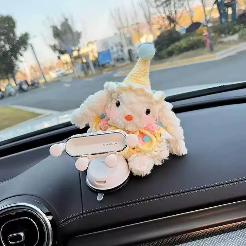 Playful Bunny Figurine Phone Mount - Universal Car Dashboard Suction Phone Mount, 10x10x10 cm Center Console Decor, Practical Car Interior Accessory Gift for Women Drivers