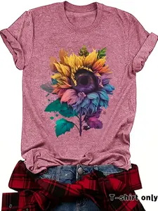 Women's Fashion Vintage Sunflower Print Casual Summer T-Shirt, Short Sleeve Round Neck Fitted Comfortable Fit in S-Xxl