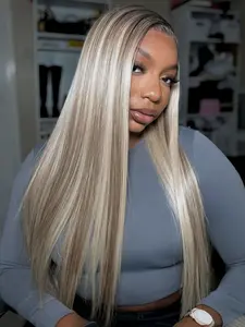 Highlight Ash Blonde Lace Front Natural Hairline Wig Long Straight Ombre Brown Mixed Blonde 13x4 Synthetic Lace Front Wigs for Women 28 Inch