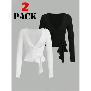 Winter Yoga Fitness, Gym Yoga Clothing, Elastic Soft V-Neck Long Sleeve Slim Fit T-Shirt Set, Open Front Tie Waist Wrap Top Two-Piece, Athletic Yoga Tops