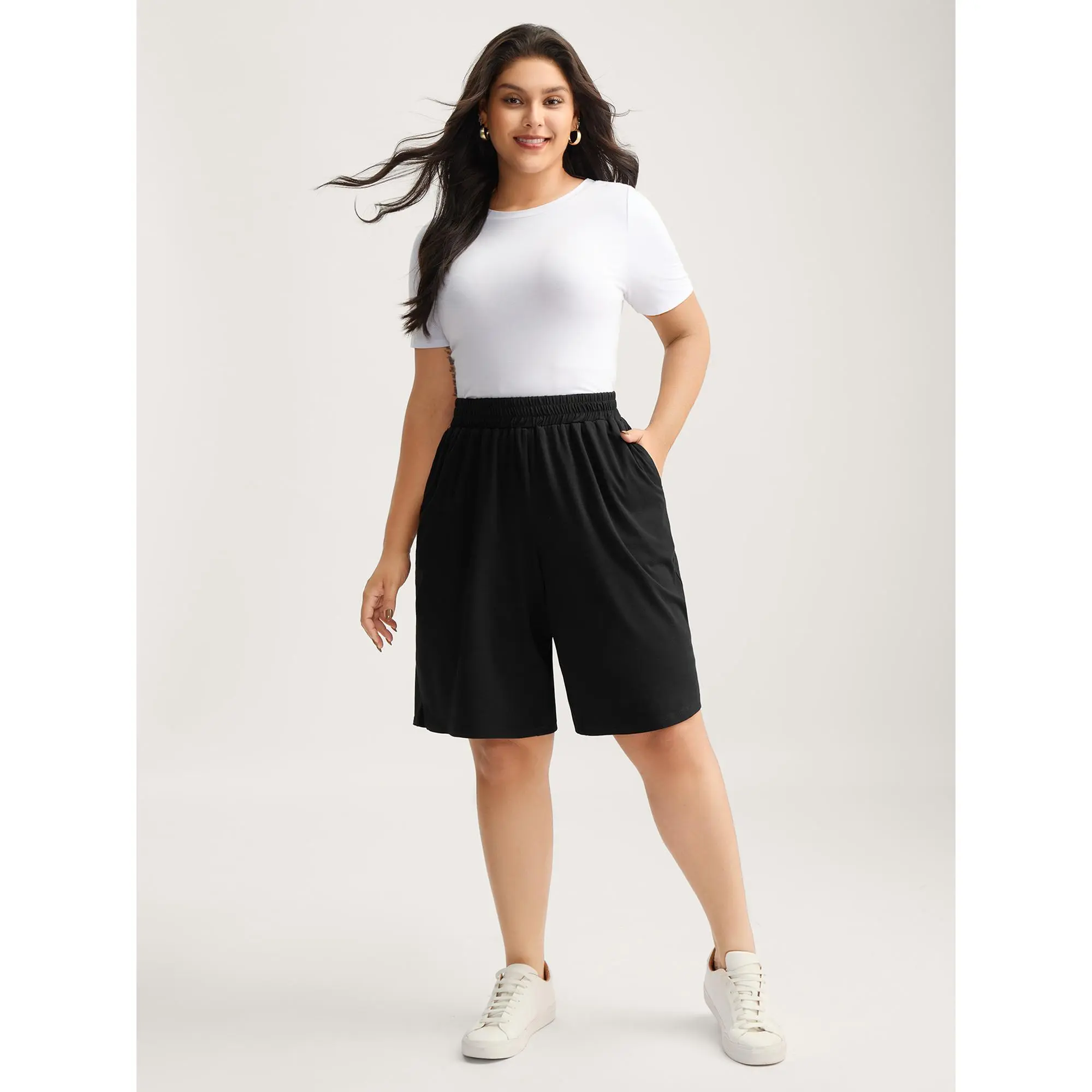 Plain Stretch Bottoms for Curvy Women, Tummy Flattering Leisure Style with Mid Rise Waist, Slit Detail and Pockets, Bottom, Plus Size Tummy Flattering Clothes, Casual, Fit