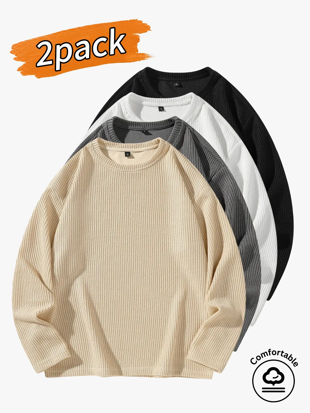 2-pack men's tops, men's long-sleeved sweaters, men's solid-color crewneck sweaters.A loose, relaxed, minimalist sweater that can be worn on its own or layered underneath, featuring dropped shoulders and a roomy fit that doesn’t restrict the body and suit