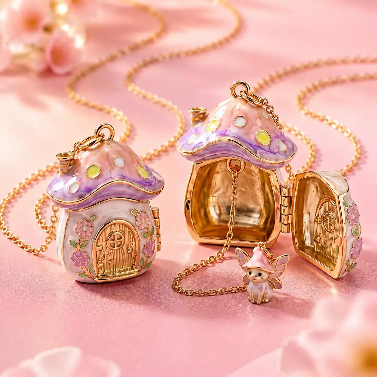 Enamel Mushroom Locket Necklace with Hidden Fairy, Fairycore Cottagecore Whimsical Jewelry, Kawaii Aesthetic Stackable Gift for Women, Teens & Girls