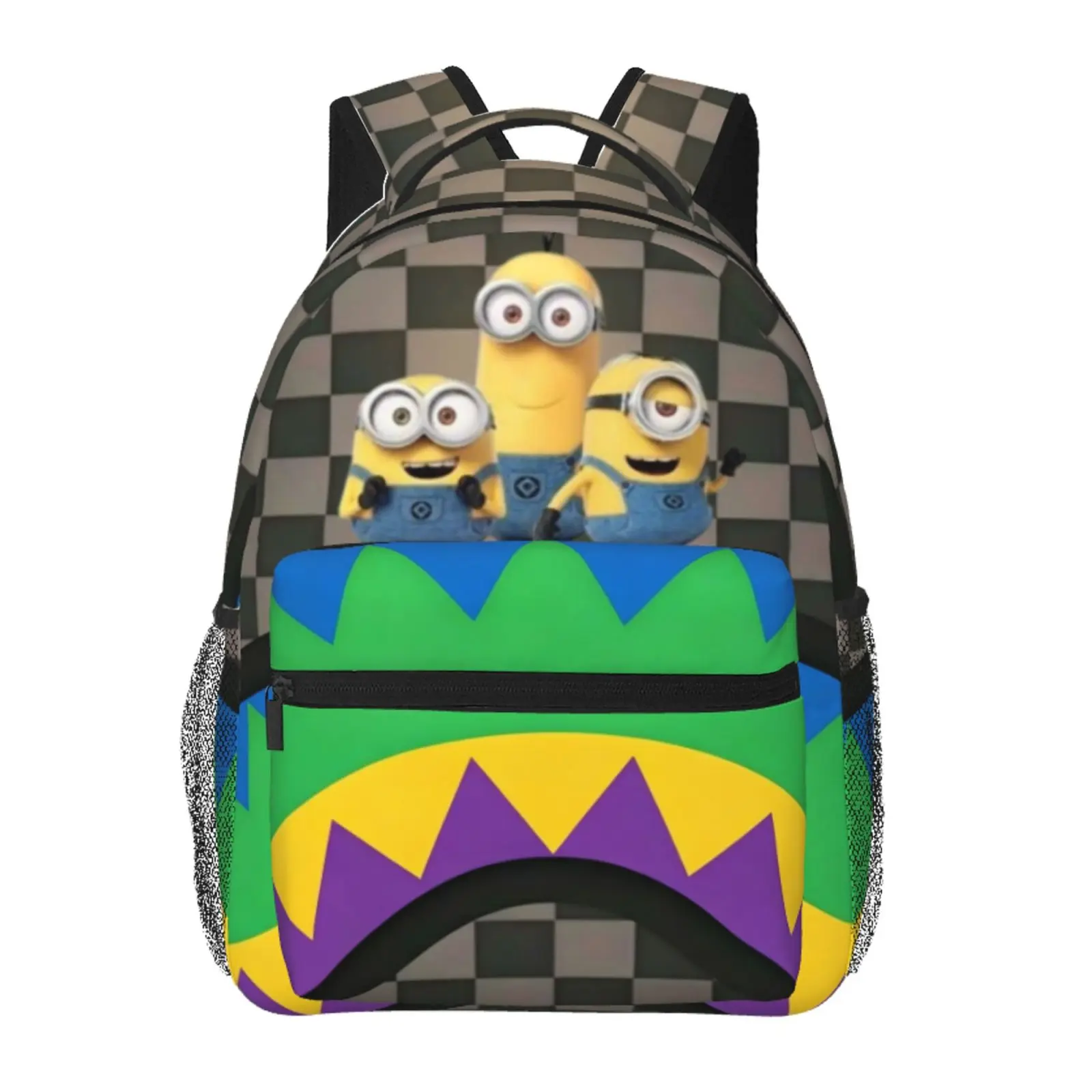 SG Minions Trio checkered graffiti laptop backpack — school/commute bag, Y2K cartoon style, cute gift for teen girls and students