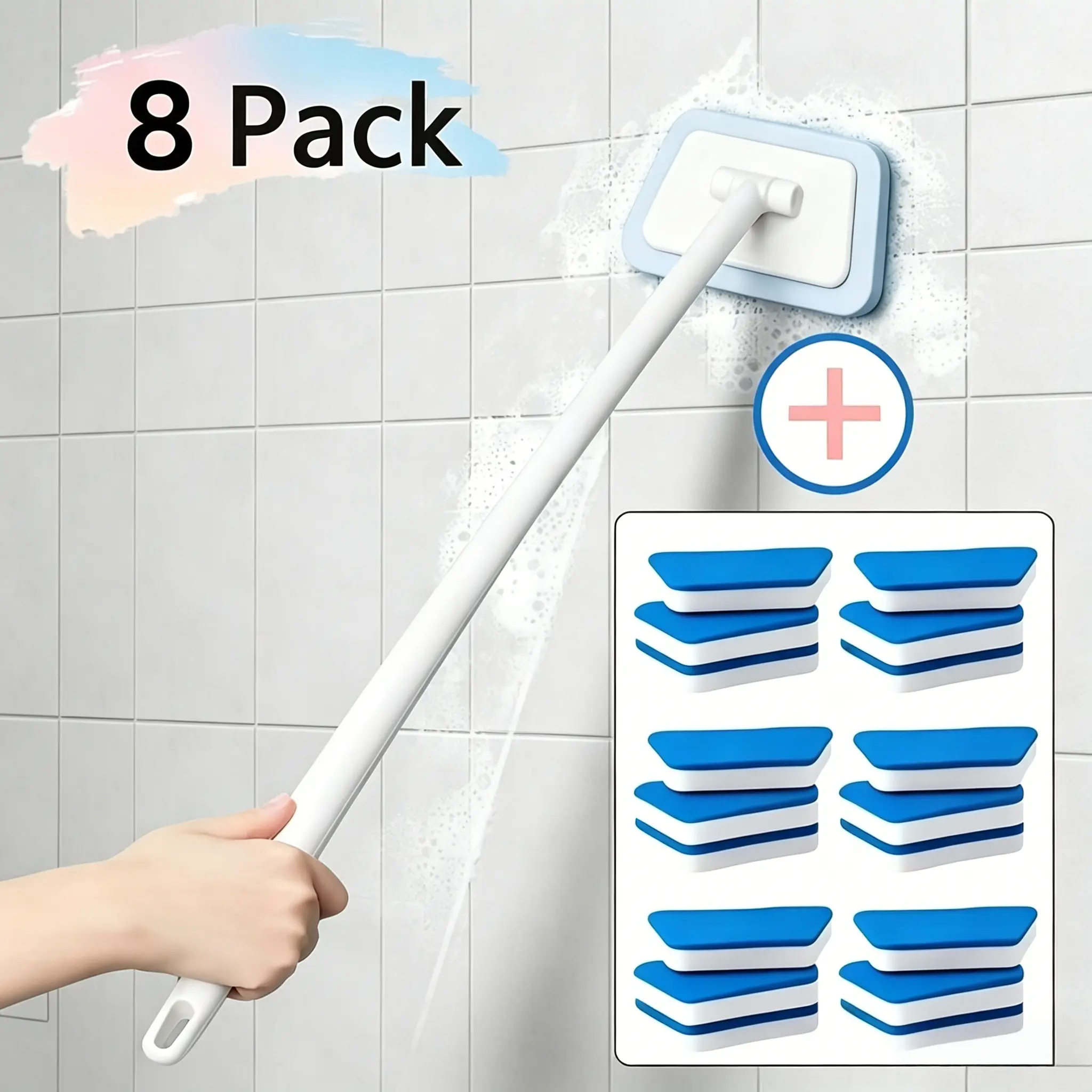 Shower Cleaning Brush Set - Includes 8 Sponges & 1 Handle with Replaceable Heads |   Detachable Floor & Wall Scrubber for Tubs, Tiles, and Glass Surfaces |   Durable Plastic Bathroom Cleaning Tool - No Electricity Required |   Ergonomic Grip Design |   Mu