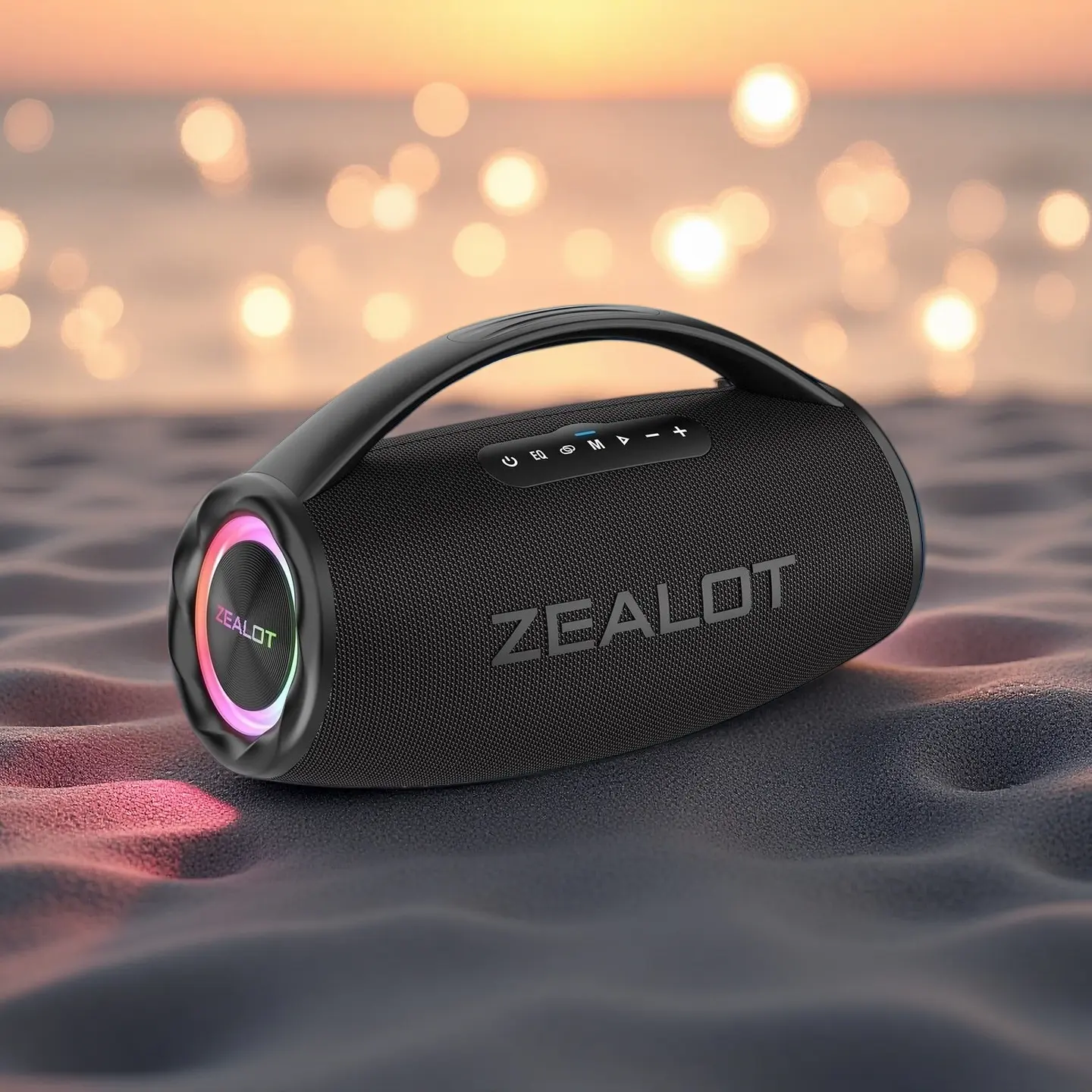 ZEALOTs S97 Portable 120W Bluetooth Speaker – Powerful HiFi stereo sound with deep bass, built-in 16000mAh large battery for long-lasting playtime, IPX6 waterproof design, colorful RGB LED lights, and TWS wireless pairing for immersive stereo experience.