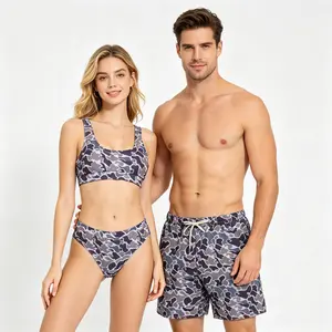 Cute Fit Grey Camouflage Matching Couple & Kids Swimwear Set - Women's & Men's Sleeveless Stretchy Comfy Bikinis, Kids' Fashion Beach Vacation Suits, Bikini