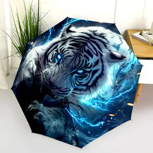1 PC Automatic Folding Umbrella - Electric White Tiger Pattern, Portable & Foldable Design with 8 Ribs, Merry Christmas Pattern,Casual Outdoor Accessory Halloween and Christmas Birthday Gifts. D00207