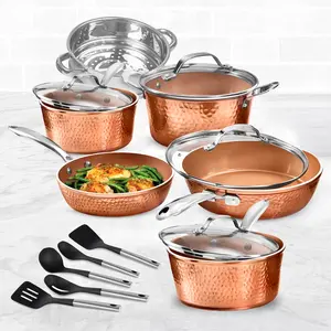 Gotham Steel Hammered 15 Pc Ceramic Pots and Pans Set Non stick, Ceramic Cookware Set with Utensils, Pots and Pans for Cooking, Non Toxic Pot and Pan Set, Kitchen Set, Oven/Dishwasher Safe, Copper