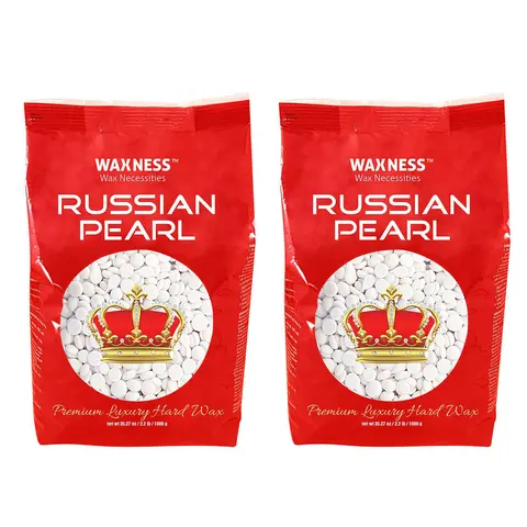 Waxness Polymer Blend Premium Luxury Hard Wax Beads Russian Pearl (2.2 lb/1 kg, Pack of 2) - Silky, Smooth Synthetic Body Care Cosmetic for Hair Removal, Hypoallergenic, Creamy, Gentle, No Strips Needed