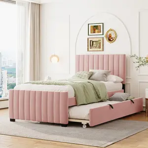 Bellemave Twin Size Velvet Upholstered Platform Bed with Trundle, Pink Unique Bedroom Furniture, Sturdy Construction, No Box Spring Needed, 80.2"L x 41.5"W x 42.5"H
