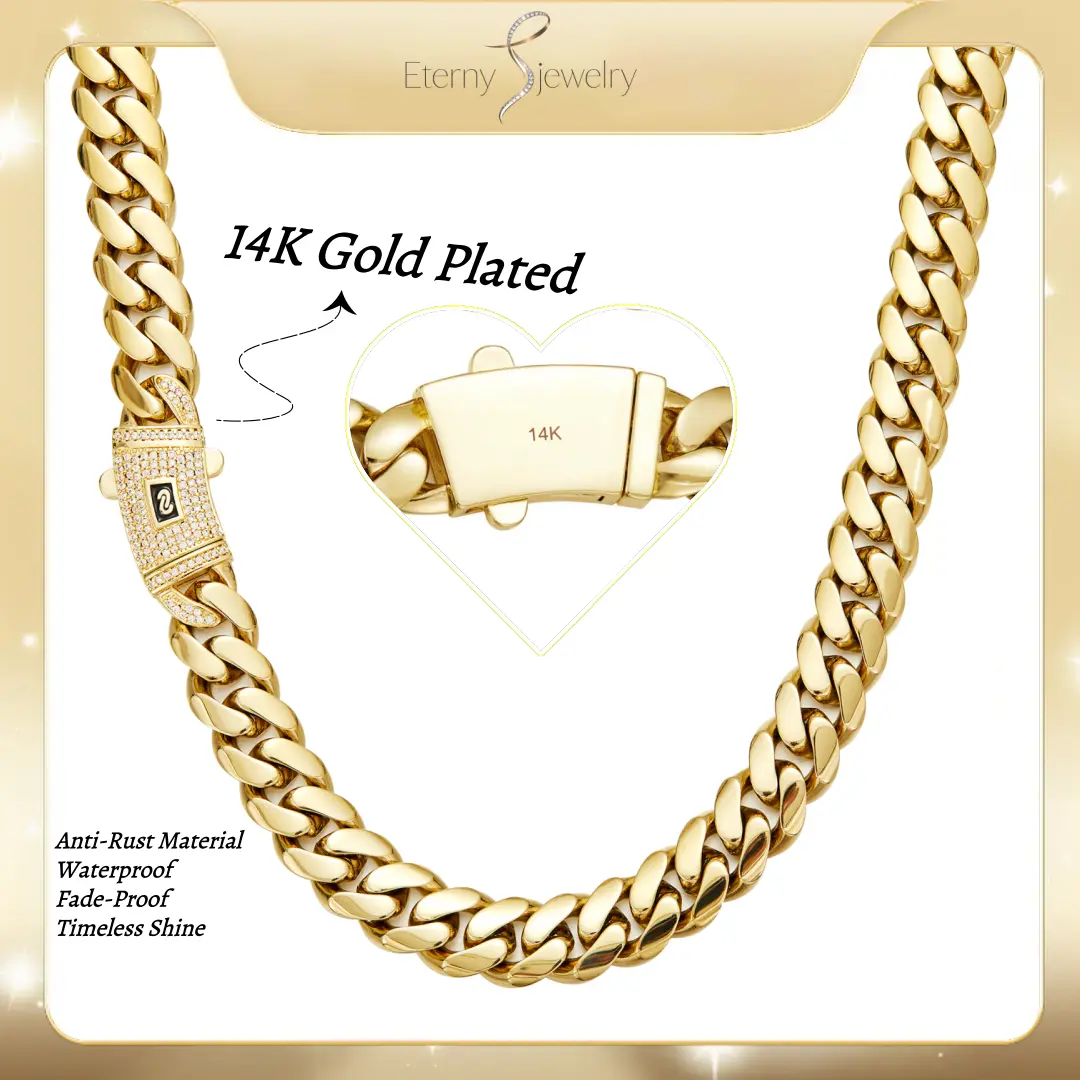 14K Real Gold Plated Miami Cuban Link Chain Hypoallergenic Waterproof New Anti-rust Technology Stainless Steel Miami LinkChain Items 6-14mm Sizes Gift for Men & Women Timeless Shine for Every Look Birthday Christmas Gift for Men Women Him Her