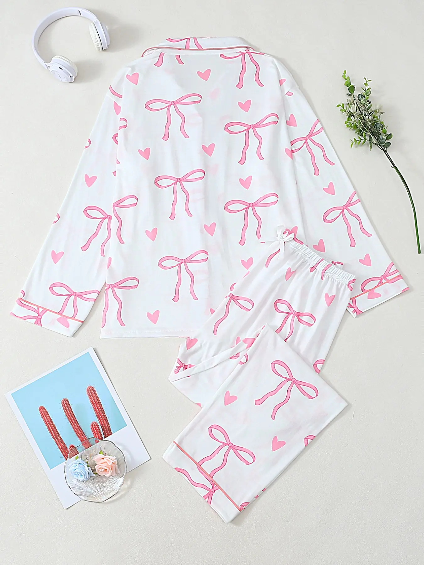 Women's Long Sleeve PJS, Bow Print Sleepwear, Comfortable Fabric, Breathable & Lightweight Design, Casual Home Wear, Pajama Set