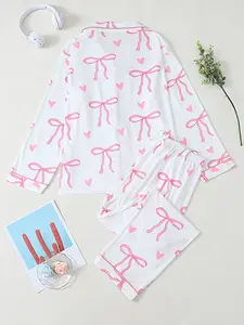 Women's Long Sleeve PJS, Bow Print Sleepwear, Comfortable Fabric, Breathable & Lightweight Design, Casual Home Wear, Pajama Set