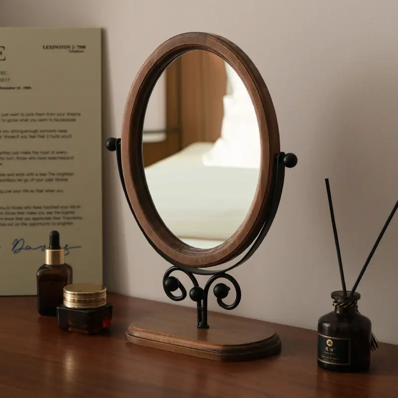 Vintage Bedroom Desktop Mirror, Real Wood Makeup Mirror, Home Use Wooden Standing Rotatable Dressing Mirror, Adjustable Vanity Mirror, traditional Oriental Style Decor