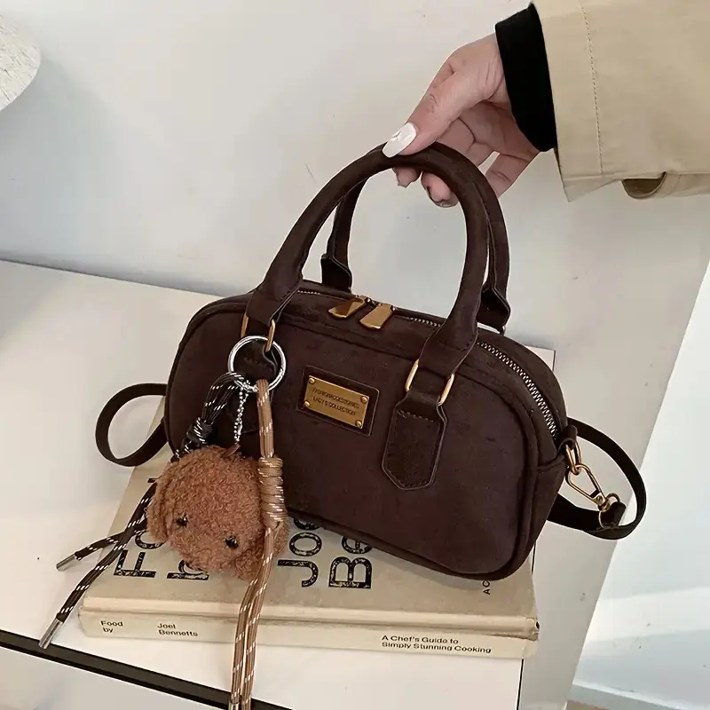 Crossbody Bag for Women, Retro Brown Faux Fur Shoulder Purse with Detachable Strap, Golden Hardware & Teddy Charm for Commute, Casual, Metal