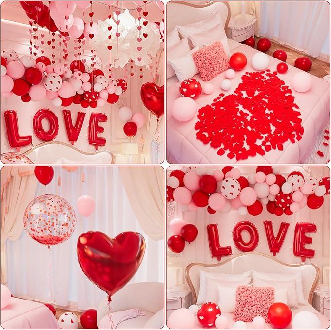 New Deal - Valentines Day Bedroom Decorations Balloon Arch Kit, Romantic Love Balloons Set with 32” LOVE Foil Letters, Heart Balloons, Rose Petals for Proposal, Anniversary & Couples Surprise