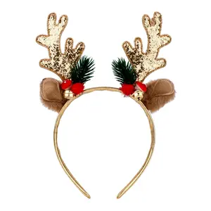 Christmas Reindeer Antlers Headband, Gold Deer Antlers Hair Hoop with Jingle Bells Glitter Antler Ears Headband Xmas Costume for Women Girls Gosknor