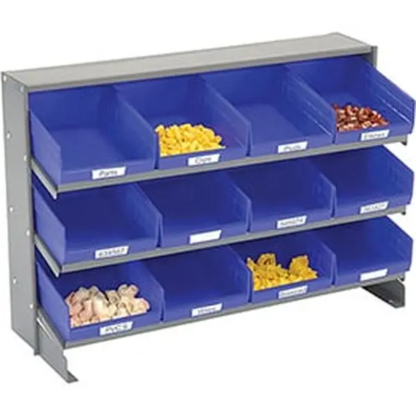 Blue Steel 3-Layer Storage Utility Rack - 3-Shelf Garage Organization Bench Pick Rack with 8x12 in. Organizer Bins, Multi-Level Heavy Duty Metal Steel Frame, 33x12x21 in. Dimensions