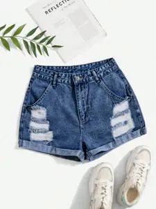 Women's Distressed Denim Shorts, Roll-Top Design with Pockets, Casual Versatile Fit, Daily Wear or Travel, Comfortable and Stylish