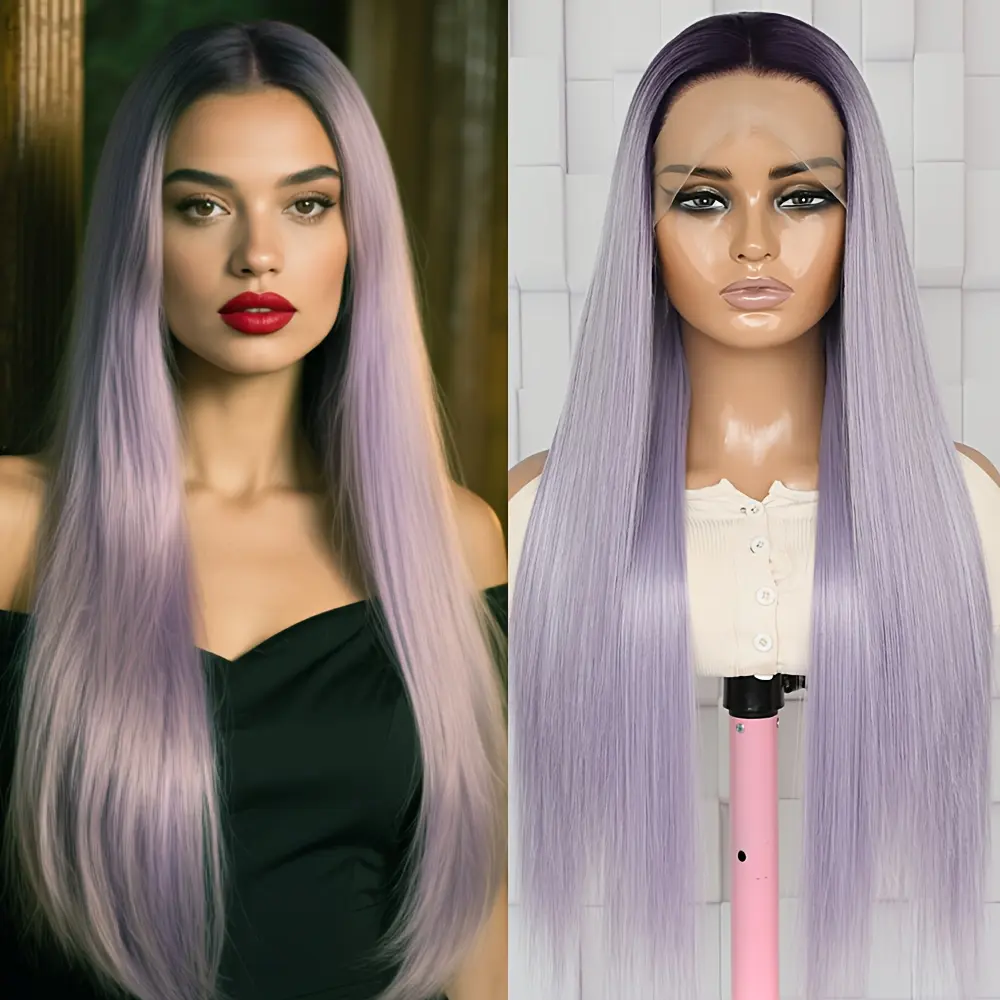 Women' 28" Long Straight Purple Ombre Wig with Lace Front - Glueless Heat-Resistant Synthetic Hair for Themed Events & Everyday Use - Heat Resistant Synthetic Hair Replacement Wig, Glueless Wig, Lace Front Wig