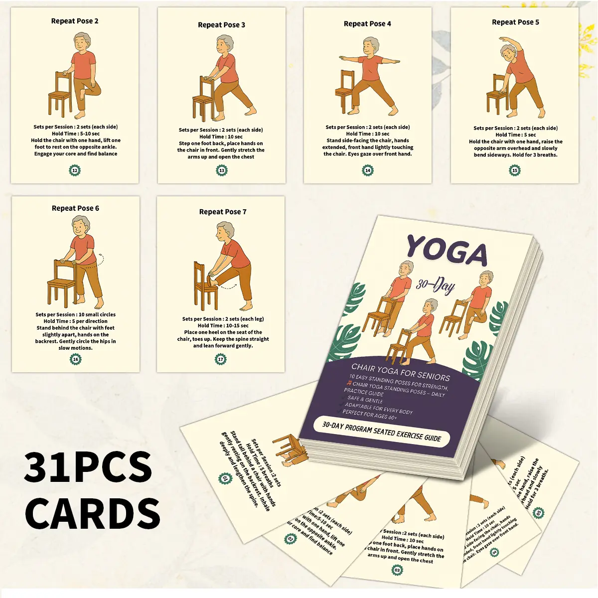 31pcs Chair Yoga Standing Poses Exercise Guide Cards, Chair Exercise