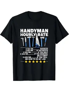 Handyman Hourly Rate Funny Slogan Graphic Tee Retro Workwear Style Crew Neck T-Shirt For Men Casual Daily