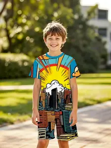 Trendy Retro 3D Cartoon Kids Set, Loose Fit Short Sleeve Shorts, Essential Summer, Perfect Birthday & Holiday Gift!
